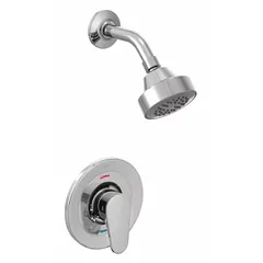 This shower faucet from the Edgestone series includes a fixed showerhead made of brass with a chrome finish. It features a single handle for temperature and flow control, and delivers a flow rate of 1.75 gpm. Suitable for wall-mount installation in residential or commercial bathroom settings.