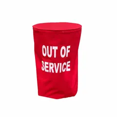 This fire hydrant cover is made of red PVC with a high-visibility design and features an "Out of Service" legend. It measures 34 inches high by 18 inches in diameter. Used to mark a hydrant as non-operational, it supports facility safety protocols by alerting personnel and emergency responders.