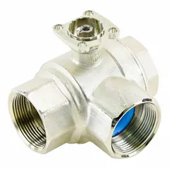 3-way characterized control valve body with 1 1/2 in female NPT connections. Stainless steel ball and brass body. CV flow of 19 with equal bypass CV. Close-off rating of 200 psi. For use with water in hydronic HVAC systems for modulating flow.