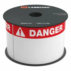 Red OSHA danger header precut labels, 5 in x 3 in each, on a 3 in x 150 ft roll. Acrylic adhesive. Compatible with LabelTac Pro X printer (MPN LT35DANGB). Used for on-demand printing of danger headers for industrial safety signage.