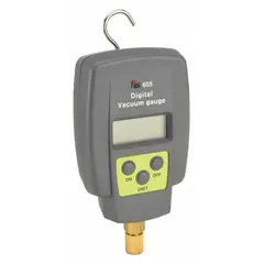 Digital vacuum gauge with LCD display measuring from 15 micron Hg to 12,000 micron Hg. Accuracy is ± 10% or ± 10 micron. Visual indication only; no access port included. Used for verifying system evacuation and monitoring vacuum integrity in HVAC, refrigeration, and industrial process applications.