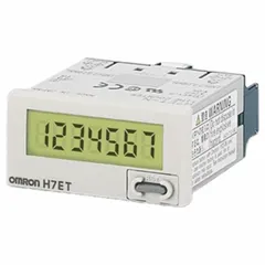 This OMRON totalizer is a front panel mounting electronic counter with a 1 in x 1 7/8 in LCD display. It counts at 20 counts per second and is designed for flush mounting. Suitable for counting events or cycles in industrial machinery, production lines, and process control, it meets Lloyd's standards for marine and harsh environments.