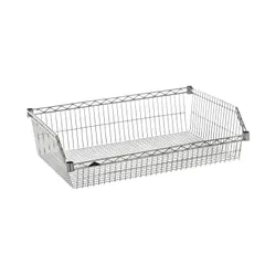 Steel basket for wire shelving systems, measuring 36 x 18 x 9 inches with a chrome finish. Adds organized storage for tools, parts, or supplies in commercial and industrial settings.