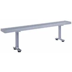 Aluminum bench with gray anodized finish, measuring 6 ft x 9 1/2 in x 17 in. Designed for use in locker rooms and changing areas where moisture resistance is required.