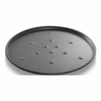 This pizza pan is made of anodized aluminum with a perforated design to promote heat circulation for even baking. It has a 14 ga gauge and an uncoated finish. Commonly used in commercial kitchens for baking and crisping pizza crusts