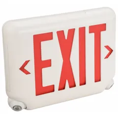 White plastic exit sign with integrated emergency lights, two faces with red LED text and universal field-selectable chevrons. Operates on 120/277V AC, ceiling or wall mount. Lithium iron phosphate battery, not remote capable, no self-diagnostics.