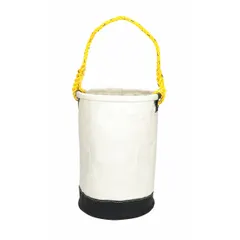 Canvas bucket bag in off-white with open top and one pocket. Measures 10 1/2 in width, 16 in height, 10 1/2 in length. Suitable for carrying tools and supplies on job sites.