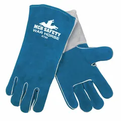 Stick welding gloves with premium blue cowhide leather palm and backing, wing thumb, and gauntlet cuff. Foam liner provides comfort. Suitable for heavy-duty welding applications in industrial fabrication, construction, and repair. Sold in pack of 12, size XL/10.