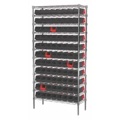 Single-sided steel shelving unit with silver frame, including 96 open-front polymer bins in black and red. Each bin measures 4 in x 4-1/4 in x 11-5/8 in. Designed for organizing small parts and components in industrial workstations, warehouses, and assembly lines.