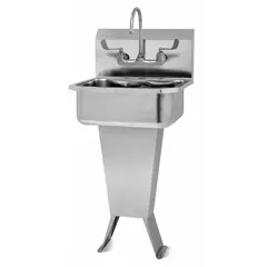 This one-station freestanding hand sink with faucet is constructed of 18-gauge stainless steel. It features a 17-inch bowl length and 7-inch bowl depth, with a 2 gpm flow rate. Suitable for commercial restrooms, break rooms, and light industrial wash areas where a durable, easy-to-clean fixture is required. Side splash not included.