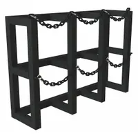 Vertical rack for storing three gas cylinders. Measures 44 inches high by 12 inches wide by 30 inches deep. Finished with powder-coated black for corrosion resistance. Suitable for organizing cylinders in workshops, warehouses, and industrial facilities