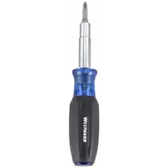 This combination multi-bit screw and nut driver features 9 double-ended tips, including Phillips, slotted, and square recess bits (#1 and #2), plus hex nut drivers in 1/4 in, 5/16 in, and 3/8 in. With an overall length of 7 1/4 in, it is suited for a variety of fastening tasks in maintenance, assembly, and repair work.