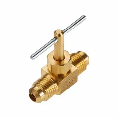 Brass straight-body needle valve with screw-in bonnet and metal tee handle. Features 3/8 in pipe size with Flare x Flare connections (male on side 2). Suitable for precise flow regulation and shut-off in water systems. Complies with RoHS standards.
