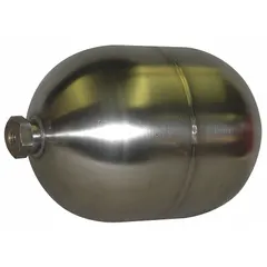 Stainless steel threaded float with 1/4 in NPT external connection. Used as a buoyant level-sensing component in tanks, reservoirs, and process vessels for pump control, sump alarms, and liquid-level automation.