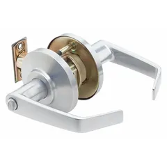Privacy lever lockset with ANSI F76 function for interior doors requiring locking from the inside, such as bathrooms or bedrooms. Features a satin chromium-plated zinc finish and 7KC Contour Angle Return Lever style. ADA compliant for accessibility in commercial and institutional settings.