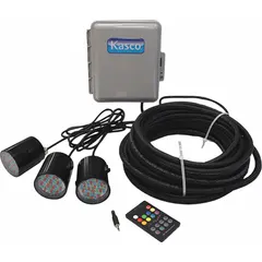 KASCO fountain lighting system with six 5W LED bulbs operating on 120V AC. Includes a 50 ft cord for underwater illumination in ponds and water features. LED technology provides energy-efficient lighting for nighttime displays.
