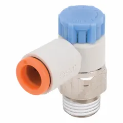 Elbow-style speed control valve with knob adjustment for regulating pneumatic actuator speed. Valve body size 1/4 in/1/8 in, accepts 1/8 in tubing. Meter-in flow control mode adjusts air flow entering the actuator. Constructed with Brass/PBT body.