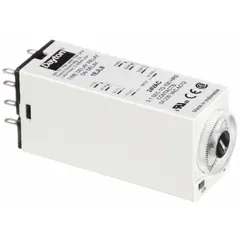 This socket-mounted time delay relay from Dayton operates on 24V AC and is rated for 5 A. It provides an on-delay function, meaning the output contacts close after a preset time once power is applied. The relay features 8 pins/terminals for socket mounting. Typical applications include industrial control panels for motor starting sequences, conveyor systems, and HVAC controls where delayed activation is required.