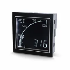 Digital panel meter with 4-digit red LCD display, 0.1% accuracy, and True RMS measurement. Features RS-485 communication and internal removable terminal blocks. Operates on 12 V AC to 24 V AC with a display span of -9999 to 9999. Suitable for panel mounting in industrial control systems.