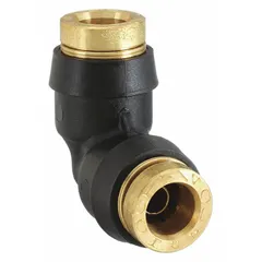 This push-to-connect elbow fitting connects two 1/4 in OD tubes in pneumatic systems, providing a secure, leak-free joint without tools. Made of brass and composite materials, it is suitable for air brake lines and other compressed air applications. The 10-pack includes fittings with push-to-connect x push-to-connect configuration.