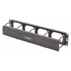 This horizontal ring-style cable manager occupies 2U of rack space and is constructed from steel with a black finish. It features a single-side orientation for routing and organizing cables in network racks, helping to reduce tangling and improve airflow.