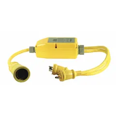 This twist-lock plug extension cord adapter with splitter is 4 1/2 ft long, uses 10 AWG wire, and features a NEMA L5-30P plug. It is rated for 120/240V AC and operates in temperatures from -40° to 75°F. The yellow jacket is suited for outdoor or industrial environments where a secure locking connection is needed.