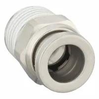 Stainless steel push-to-connect x BSPT adapter fitting for 8 mm OD tubing to 1/4" BSPT male thread. Used in pneumatic systems for secure, leak-free connections in industrial automation and fluid handling