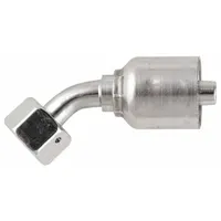 Steel 45° elbow crimp fitting with female x genderless connection. Features M18-1.5 metric thread and crimp connection for -6 hose dash size. Used in hydraulic systems to connect hoses to metric threaded ports in fluid power applications