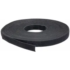 These perforated hook-and-loop cable tie strips are made of black polypropylene with a tensile strength of 50 lb. The 0.75 in wide, 75 ft long strip can be cut to desired length for bundling and securing cables, wires, or hoses in electrical and industrial applications.