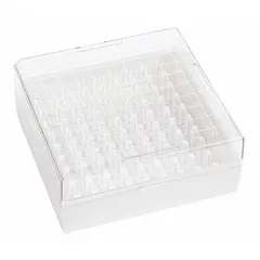 This resin freezer box is designed for organizing and storing sample vials, tubes, or cryovials in laboratory or industrial freezer environments. Its resin construction resists cracking at low temperatures, making it suitable for long-term cold storage. Overall dimensions: 130 mm length, 130 mm width.