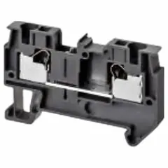 OMRON grounding block with screw-on wire termination for two wires, accepting minimum 26 AWG. Designed for DIN rail mounting in industrial control panels and machinery for secure grounding connections.