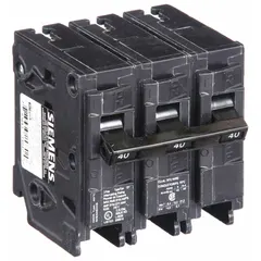 Three-pole miniature circuit breaker rated 40 A at 240V AC, designed for plug-in installation in load centers. Provides overcurrent protection for branch circuits in electrical distribution systems. Type Std, interrupting capacity 10 kA at 120V AC.