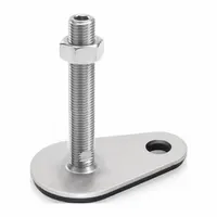 Male leveling mount with swiveling stud and teardrop base, rated for 4,496 lbf. Features a plain finish, Buna-N thrust pad, and includes a nut with mounting holes. Used for leveling and stabilizing machinery, conveyors, and workstations while reducing vibration and preventing skidding