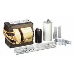 This ballast kit is designed for starting and regulating high-pressure sodium lamps up to 400W with pulse start and ANSI code M169/S51. It operates on multi-voltage AC input (120/208/240/277/480V) and includes a mounting bracket. Suitable for industrial, street, and warehouse lighting applications.