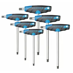 This 6-piece T-shaped hex key set from GEDORE features metric, long keys with a chrome finish. Designed for tightening and loosening hex socket screws, the long configuration provides extended reach and torque in confined spaces. Suitable for industrial maintenance, assembly, and repair tasks.