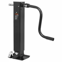 This CURT trailer jack is a sidewind, weld-on square jack with a static load capacity of 12,000 lb and a maximum lift height of 40-1/4 in. It features a foot plate base and mounts directly to the trailer frame via welding. Suitable for lifting and supporting the tongue of heavy-duty trailers in applications such as coupling or leveling.
