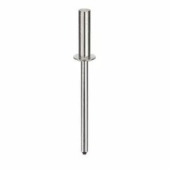 Domed-head blind rivet with 0.124" diameter and 1.583" overall length. Body length is 31/64". Supplied in a 500-piece pack. Used for fastening materials where only one-sided access is available, such as sheet metal assembly and general fabrication.