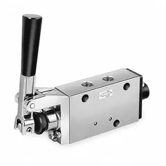 Four-way, three-position, lever-operated spool valve with detent. Aluminum body with 3/8 in Female NPT ports, normally closed configuration. Used for directing compressed air in pneumatic systems, such as controlling double-acting cylinders or actuators.