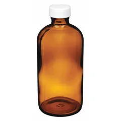 This 250 mL amber narrow mouth round glass bottle is made from Type III soda lime glass with a 24-400 mm neck finish. It includes an attached polypropylene cap with a polyethylene/PTFE liner for leak-proof sealing. Suitable for collecting, storing, and transporting liquid samples in laboratory environments.