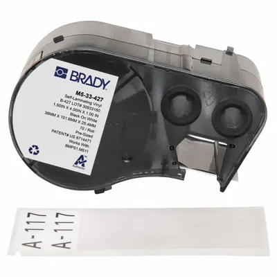 BRADY Wraparound Label: 4 in x 1 1/2 in, Vinyl, White (Matte) - Brady Precut Label Roll Cartridges