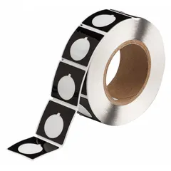 Polyester, black (gloss) precut label roll measuring 1 51/64 in x 1 51/64 in, with 250 labels per roll. Compatible with BBP81 printer series. Used for consistent identification of raised panel push buttons in industrial control panels and electrical enclosures.