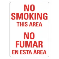 Bilingual sign with 'No Smoking This Area/No Fumar En Esta Area' text. Plastic panel with mounting holes for wall installation. Nominal size 14 x 10 inches. Not retroreflective, not glow-in-the-dark, no anti-slip surface. Suitable for indoor areas where smoking restrictions are enforced