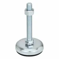 This non-skid male leveling mount features a 1.97 in round base with a Buna-N thrust pad for vibration absorption and slip resistance. It has a 3/8"-16 thread size, 2,248 lbf load capacity, 11/16 in hex size, and includes a nut. Suitable for leveling and supporting machinery, equipment, and workstations