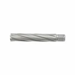 Carbide-tipped annular cutter with 5/8 in cutter diameter and 4 in maximum cutting depth. Bright finish with Weldon Flat shank, fractional inch sizing. Designed for cutting precise holes in toughest materials such as hardened steel and stainless steel, commonly used in structural steel fabrication, shipbuilding, and heavy equipment maintenance.