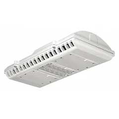 LED pendant light for parking garages and covered canopies. Delivers 4,130 lm at 4000K with Type V distribution for wide, uniform illumination. Operates on 120 to 277V AC, consumes 37 W, and has a white housing.