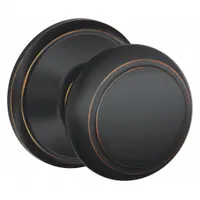 The SCHLAGE F10 AND 716 is a bronze passage knob lockset in the Andover style. Designed for non-locking interior doors, it is suitable for applications such as closets or hallways where privacy is not required