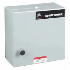 Enclosed reversing starter with thermal overloads for three-phase motor control. NEMA Size 1, 27 A, 3-pole, 120V AC coil. Includes pilot light for signaling. Requires 6 melting alloy thermal units (not included). Used for forward/reverse operation of motors in industrial applications.