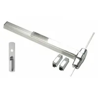 Surface vertical rod exit device with touchbar and thumbpiece pull. Chrome finish. Designed for doors up to 3 ft wide. Used on commercial egress doors requiring push-pad operation and vertical rod latching