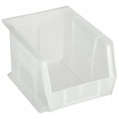 This clear plastic bin is designed for organizing small parts and components in industrial workstations, warehouses, and assembly lines. It includes a label holder for quick visual identification and inventory management. The bin is not electrostatic discharge conductive and contains 0% recycled content.