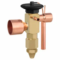 Thermostatic expansion valve for R-410A refrigerant systems. Features a permanent strainer and field-adjustable superheat. Female connection size is 1 3/8 in. Used to regulate refrigerant flow into the evaporator in commercial and industrial cooling applications.